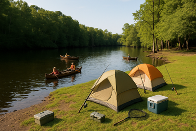 Campsite set up along the bank of the Lumber River
