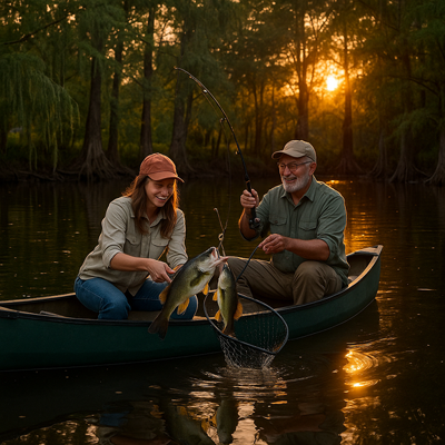 Person fishing from a canoe on the Lumber River