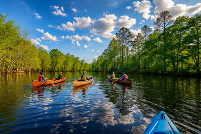 A group of people canoeing on the Lumber River during a guided tour